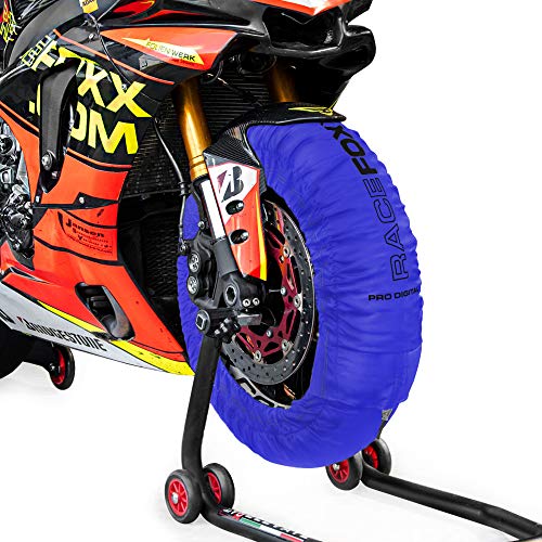 RACEFOXX PRO DIGITAL Reifenwärmer Tyre Warmers bis max. 99° C SUPERBIKE, 120/17 vorne und 180 bis 200/17 hinten für Motorradreifen Rennsport Heizdecken blau