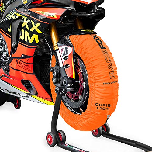 RACEFOXX PRO DIGITAL Reifenwärmer Tyre Warmers bis max. 99° C SUPERBIKE, 120/17 vorne und 180 bis 200/17 hinten für Motorradreifen Rennsport Heizdecken orange