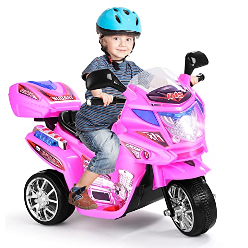 GOPLUS 6V Elektro Kindermotorrad mit 3 Rädern, Elektromotorrad inkl. Licht & Pedal & Aufbewahrungskiste & Musik, Elektro-Dreirad für Kinder von 3 bis 7 Jahre alt, bis zu 25 kg (Pink)