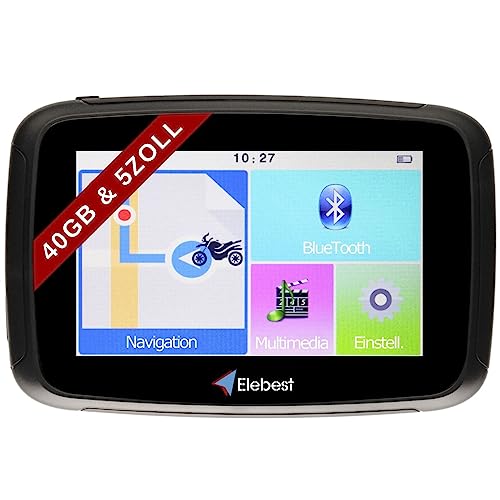 Elebest Rider W5 Motorrad Navigationsgerät 5 Zoll (12,7 cm), Motorrad Navi,PKW,Bluetooth,Wasserdicht,Neuste Europa Karten Radarwarner,40GB Speicher,Blitzerwarnung