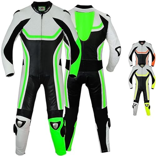 German Wear Fluoreszierender Einteiler Motorradkombi Motorrad Lederkombi aus Rindsleder echtleder Kombi, Größe:54/XL, Farbe:Grün