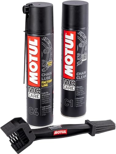 Reinigungs- und Schmer-Set für Ketten, Motul C4 400 ml + C1 400 ml + Bürste zum Reinigen Kette