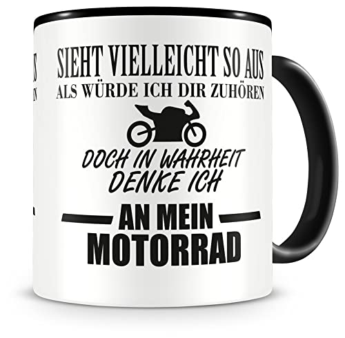 Samunshi® Tasse mit Spruch Ich denke an mein Motorrad Geschenk für Männer Kaffeebecher Kaffeepott schwarz