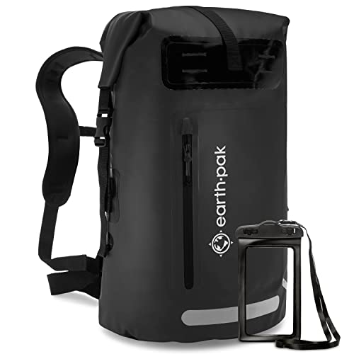 Earth Pak Summit Serie wasserdichter Rucksack, Backpack mit leistungsstarkem Reißverschluss und Rolltop, wasserfester Handyhülle Schwarz 35L