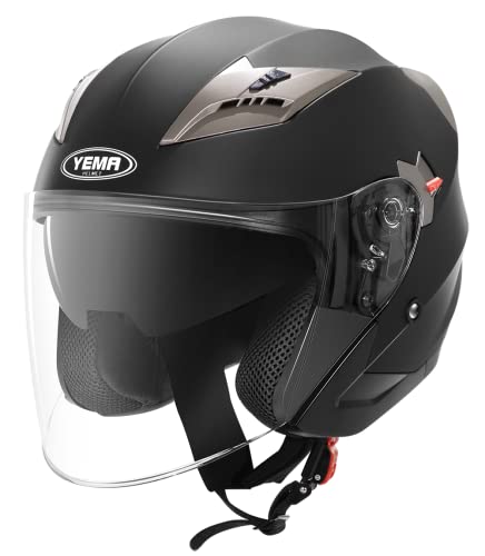 Jethelme Rollerhelm Sturzhelm Chopper Helm - YEMA YM-627 Motorradhelm ECE mit Doppelvisier Sonnenblende für Damen Herren Erwachsene-Schwarz Matt-M