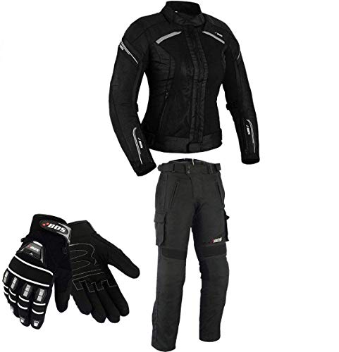 BOSmoto DAMEN MOTORRADKOMBI JACKE + HOSE + HANDSCHUHEN (XL, Schwarz)