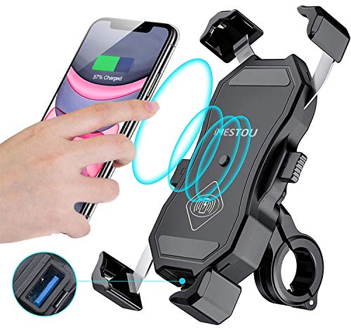 iMESTOU Motorrad Wireless Telefonhalterung 15W Qi & USB Quick Charger 3.0 Lenker/Rückspiegel Mobile Inhaber für 3,5-6,8 Zoll Handys mit max.12mm Dicke, Funktioniert mit 12/24V-Motorrädern