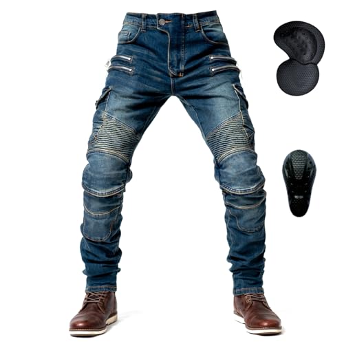 oFzimTo Motorrad-Jeanshose Für Herren, Sturzfeste Jeans Mit Geradem Bein Und 4 Arten Von Schutzausrüstung, Motorradhose Für Motorradrennfahrer (Blue,XL)