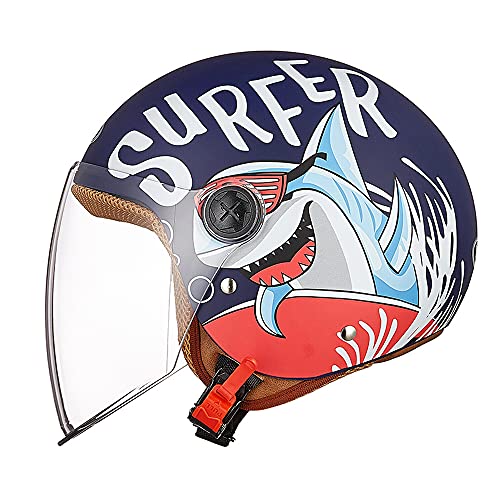 Kinder Motorradhelm Roller Helm jethelm mit Sonnenblende, Mädchen Rollerhelm Junge Mofa Helm, Schnellverschluss Tasche, 48-55cm, für 5 Jahre - 12 Jahre Kid,Blau