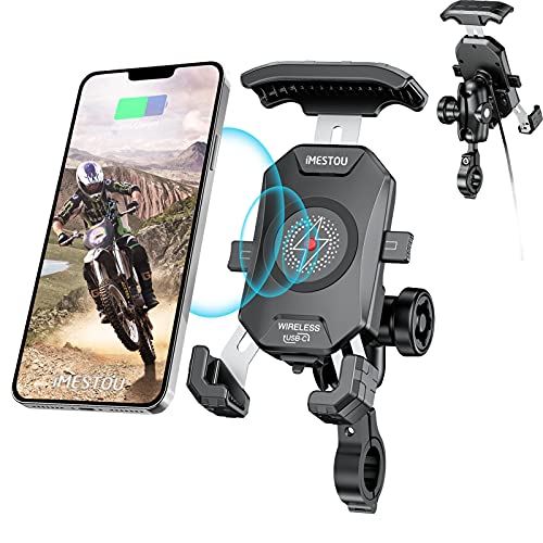 iMESTOU Motorrad Kabellose Telefonhalterung Ladegerät mit Qi & USB C Port, Anti-Diebstahl 1 "Ball Lenker Telefonhalterung Schnellladung für 4,0 "-7,0" Mobiltelefone, arbeitet mit 12/24V Motorrädern