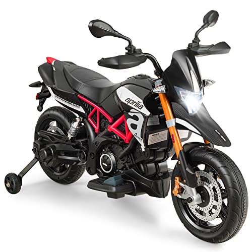 GOPLUS 12V Kinder Elektro-Motorrad mit Schweinwerfer/Musik, Kindermotorrad mit Stützrädern, Elektroauto, Kinderwagen, Kinderfahrzeug für 3-8 Jahren, Elektrofahrzeug mit Gashebel, 3-5 km/h (Schwarz)