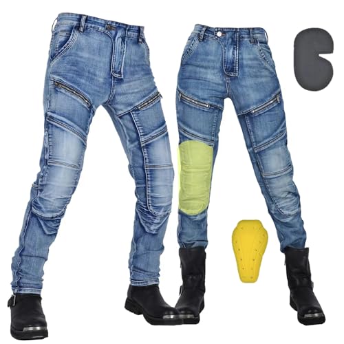 oFzimTo Motorradhose Herren/Damen, Aramid-Gewebe Stretch Jeans Hosen Herren/Damen, Motorrad Hosen mit Protektoren (Blau,L)