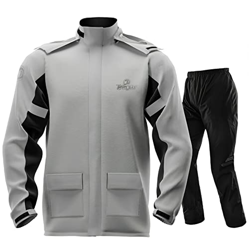 IRON JIA’S Regenanzug Herren Motorrad Regenjacke Wasserdichter Winddicht Atmungsaktiver Reflektierender mit Kapuze mit Reißverschluss Hochwertige Outdoor Regenmantel-Grau-L