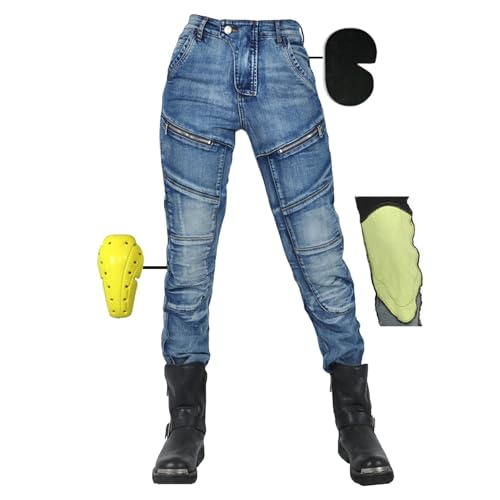 SHUOJIA Motorradhose Damen, Motorrad Jeans Damen Aus Aramidfaser,Motorrad Schutzhose Hose Mit Protektoren (Blue Female-B,XL)