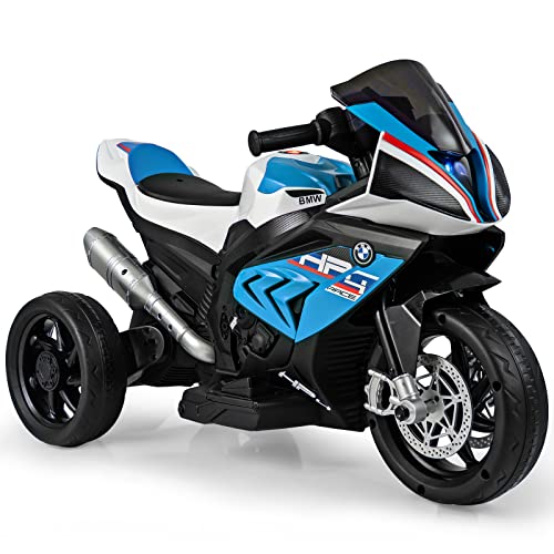 COSTWAY 6V BMW Elektro Motorrad mit Musik und Scheinwerfer, Dreirad Kindermotorrad bis 3km/h, Elektromotorrad mit 2 Stützrädern, geeignet für Kinder ab 3 Jahre alt (Blau)