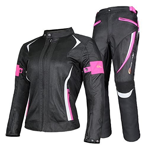 YuanDiann Damen Motorradkombi 2-teiliges Set mit Protektoren Motorradhose & Motorradjake Wasserdicht Reflektierend Textil Motorradbekleidung Motorcross Schutz Jacke und Hose Rosa M