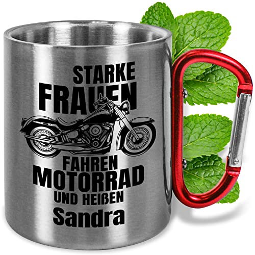 Edelstahl-Tasse 330ml mit Karabiner personalisiert „Starke Frauen fahren Motorrad“ - Edelstahl-Becher mit Namen – Geschenk für Motorradfans Geburtstag (Frauen, Griff Rot)