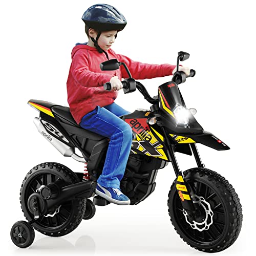 COSTWAY 12V Kinder Elektro Motorrad mit Stützrädern, Aprilia Kindermotorrad mit Musik und Scheinwerfer, 5,5-6 km/h, geeignet für Kinder von 3 bis 8 Jahren (Schwarz)