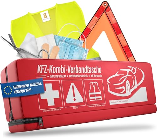 HELDENWERK KFZ Kombitasche (3 in 1) nach aktueller Norm 2024 - Inkl. Warndreieck, Warnweste - Verbandskasten Warndreieck Set Verbandskasten Auto DIN 13164:2022 (StVO konform)