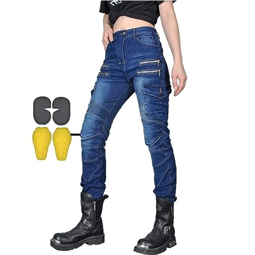 CBBI-WCCB Damen Moto Jeans Motorrad Hose mit Protektoren Motorradhose Mit Reißverschluss (DE/NL/SE/PL, Bundweite & Schrittlänge, 32, 31, Blau)