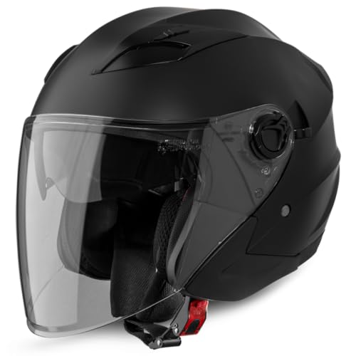 VINZ Calobra Jethelm mit Sonnenblende und Visier | Roller Helm Motorradhelm | ECE 22.06 Zertifiziert | in Gr. XS-XXL - Mattschwarz