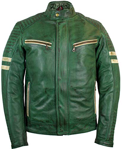 MDM Herren Biker Motorrad Jacke Lederjacke mit Protektoren, Rindsleder (Grün, Gr. 2XL)