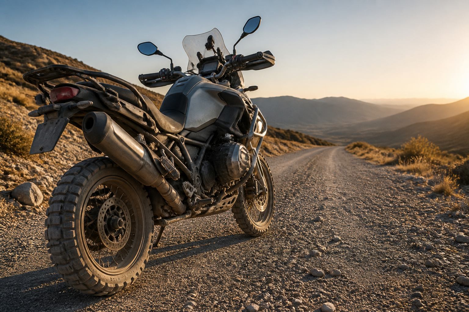Adventure Motorrad mit geeigneter Fußrastenposition im Gelände