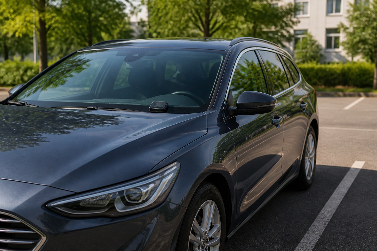 Elektronische Parkscheibe im Auto auf einem Parkplatz