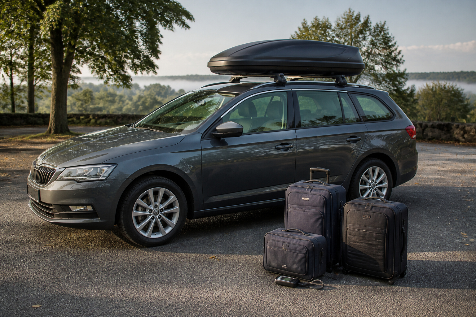 Dachlast beim Auto mit Dachbox und Gepäck vor der Abfahrt