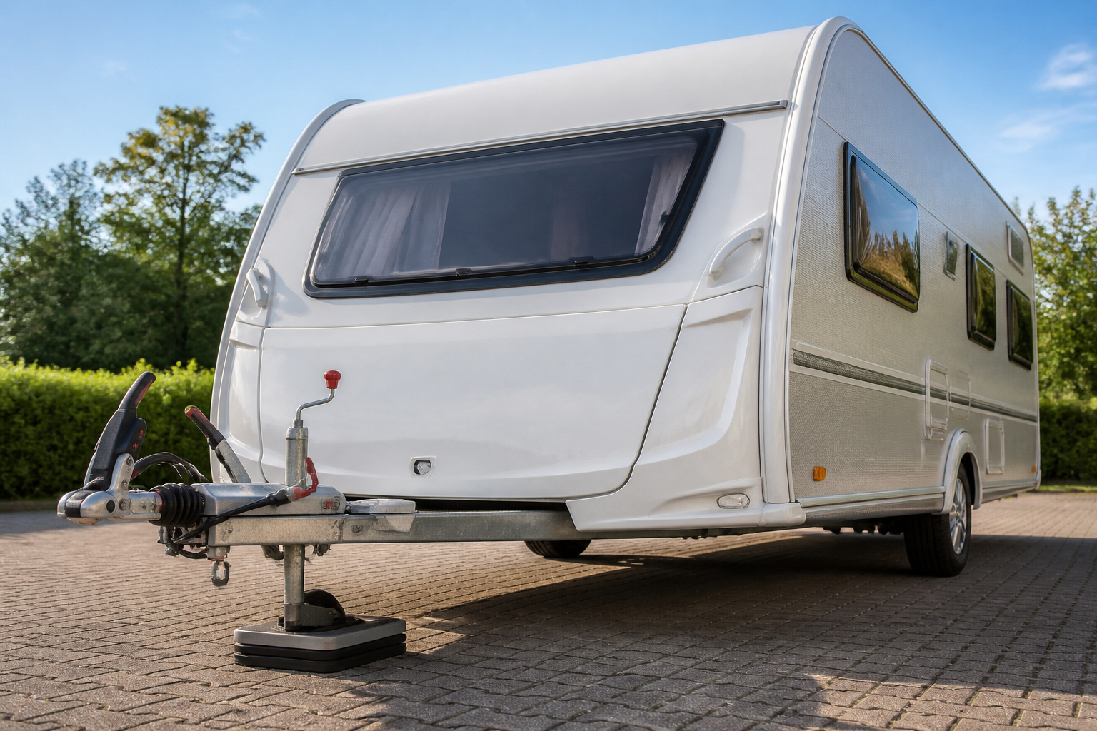 Wohnwagen mit Deichsel und Anhängerkupplung vor der Stützlastmessung
