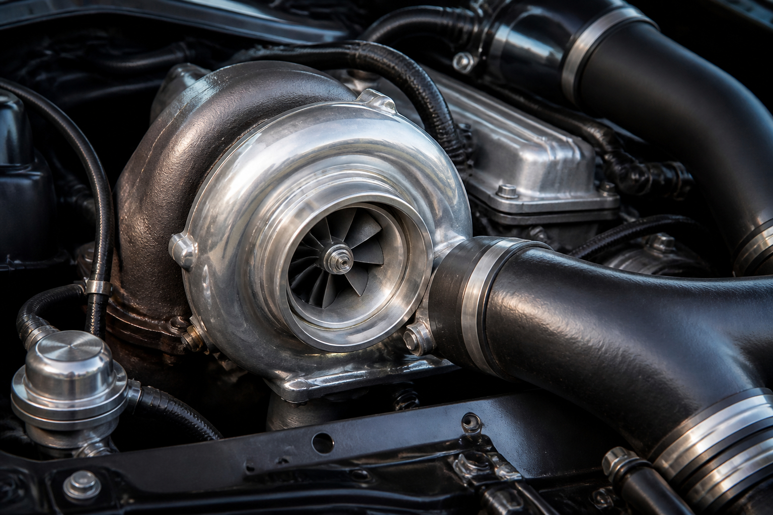 Turbolader und Ladeluftschläuche im Motorraum