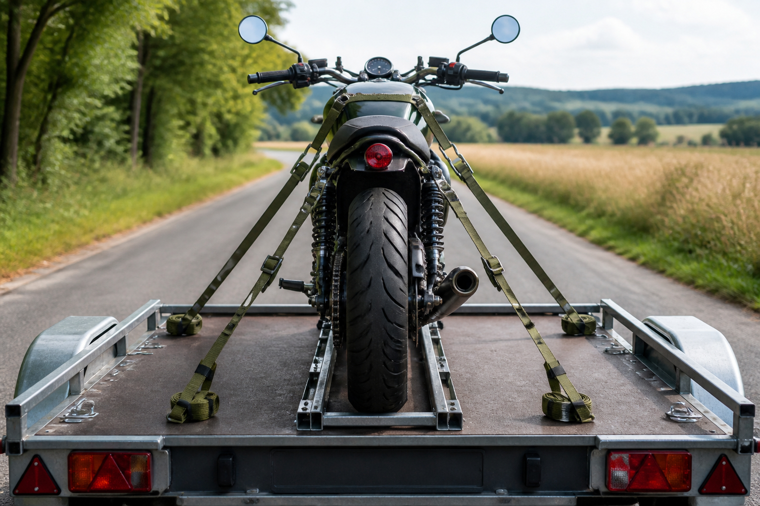 Vier Spanngurte sichern Motorrad auf Anhänger symmetrisch