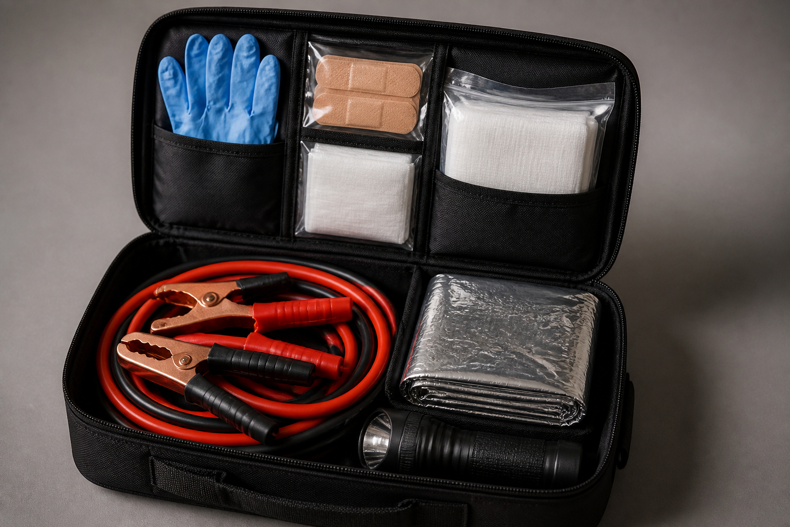 Übersichtlich gepackte Auto-Pannentasche mit Werkzeug und Erste-Hilfe-Material