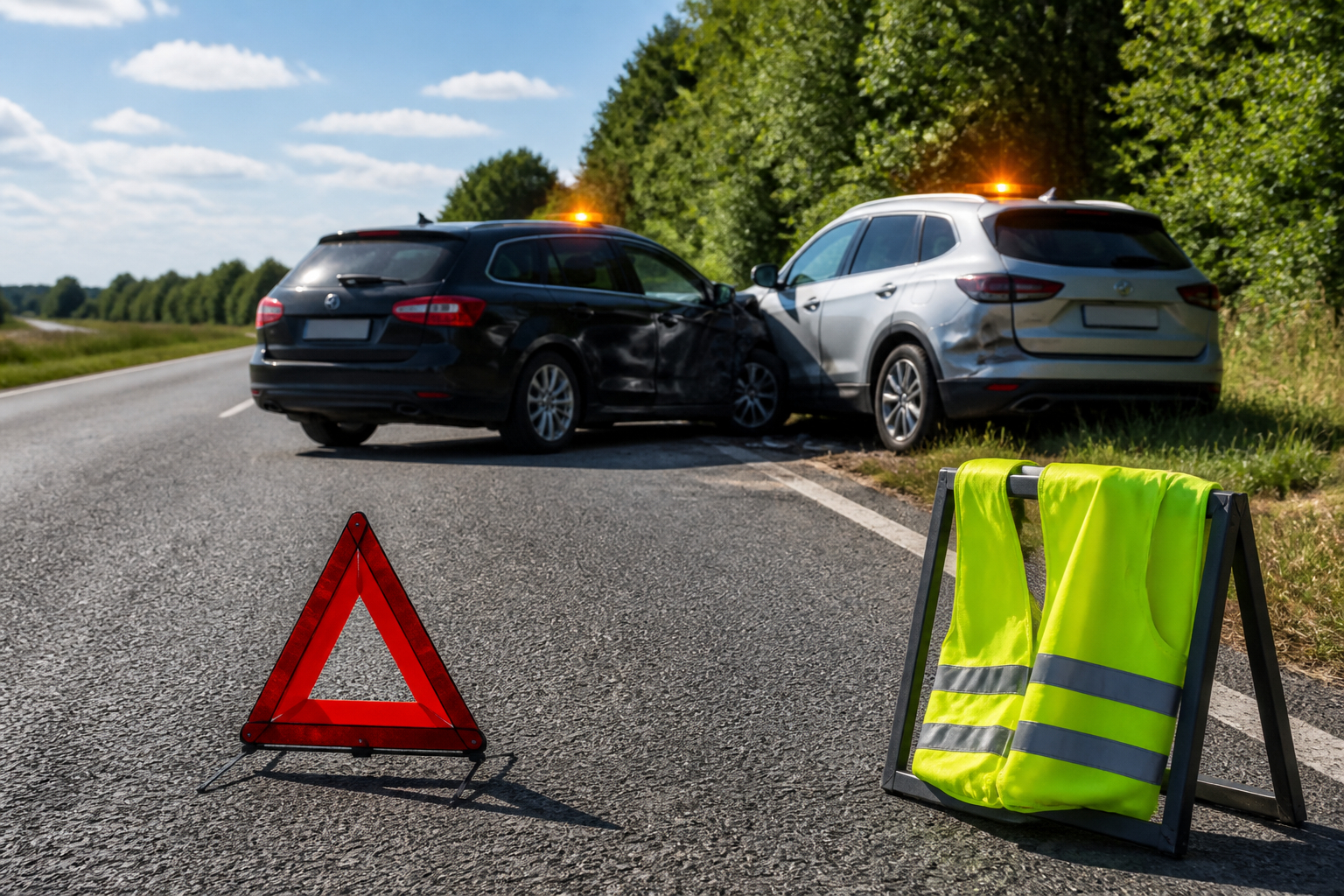Gesicherte Unfallstelle mit Warnweste und Warndreieck