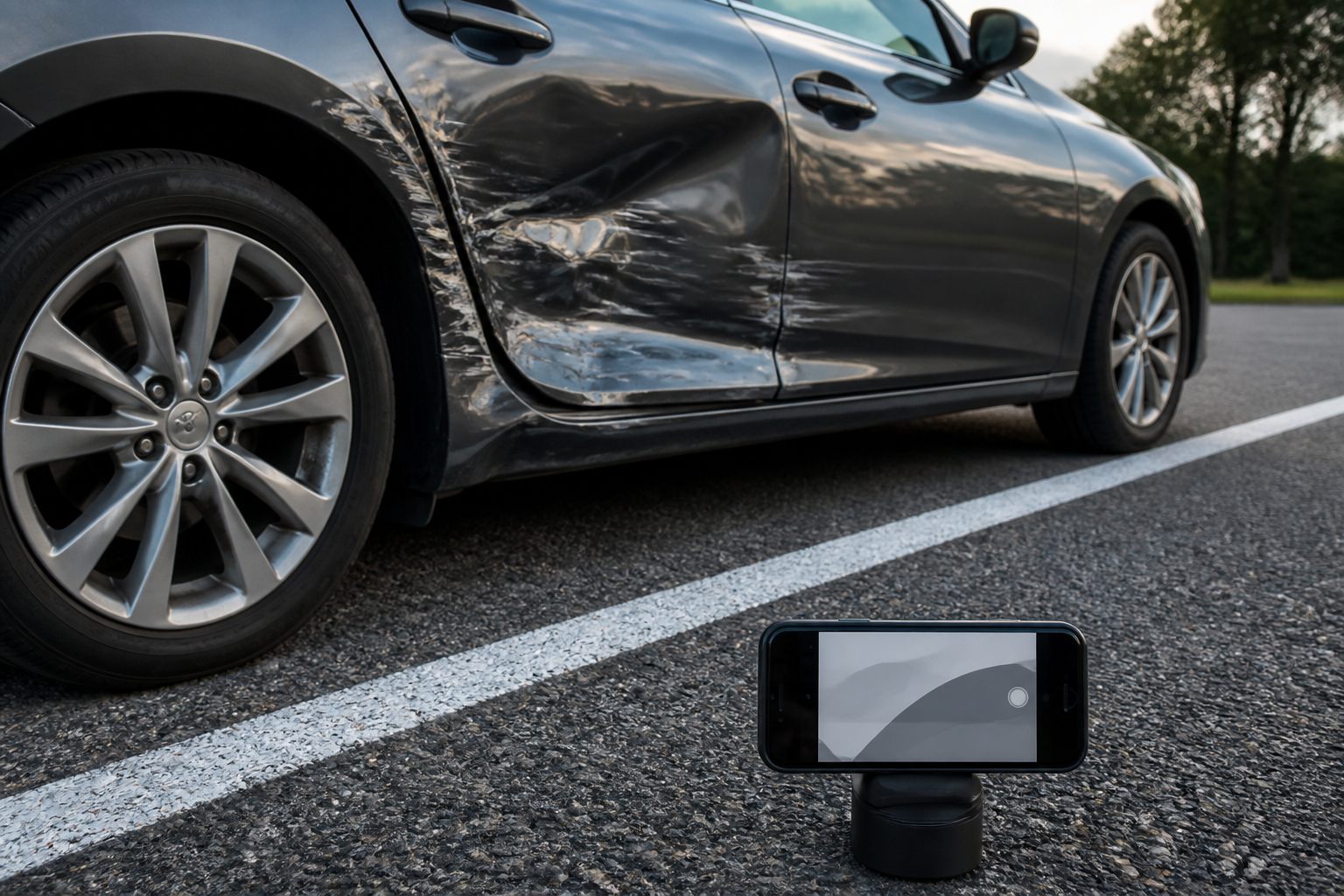 Schaden am Auto mit Smartphone für die Unfalldokumentation fotografieren