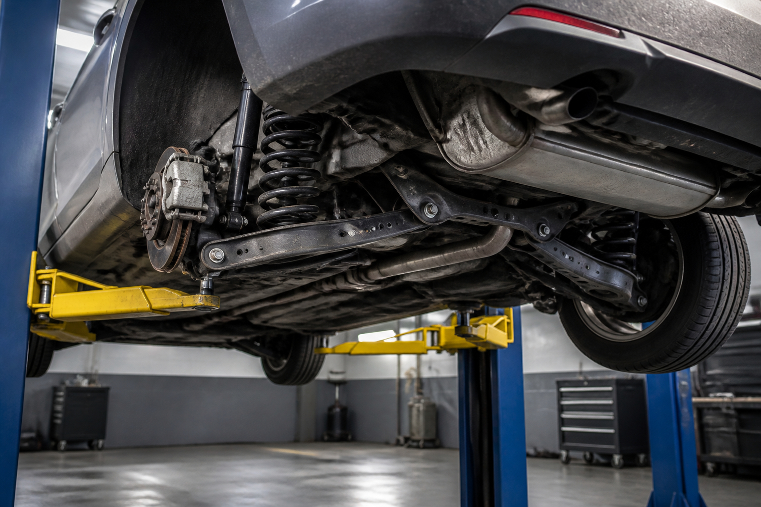 Mechanikerin prüft Hinterachse und Fahrwerk auf der Hebebühne