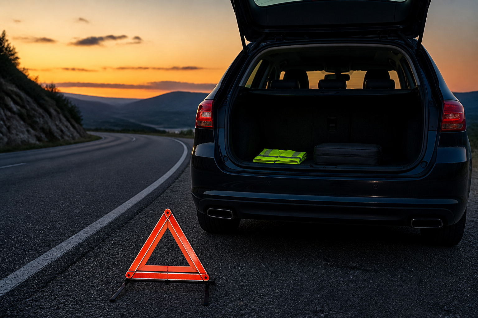 Warnweste und Warndreieck bei einer sicheren Autopanne