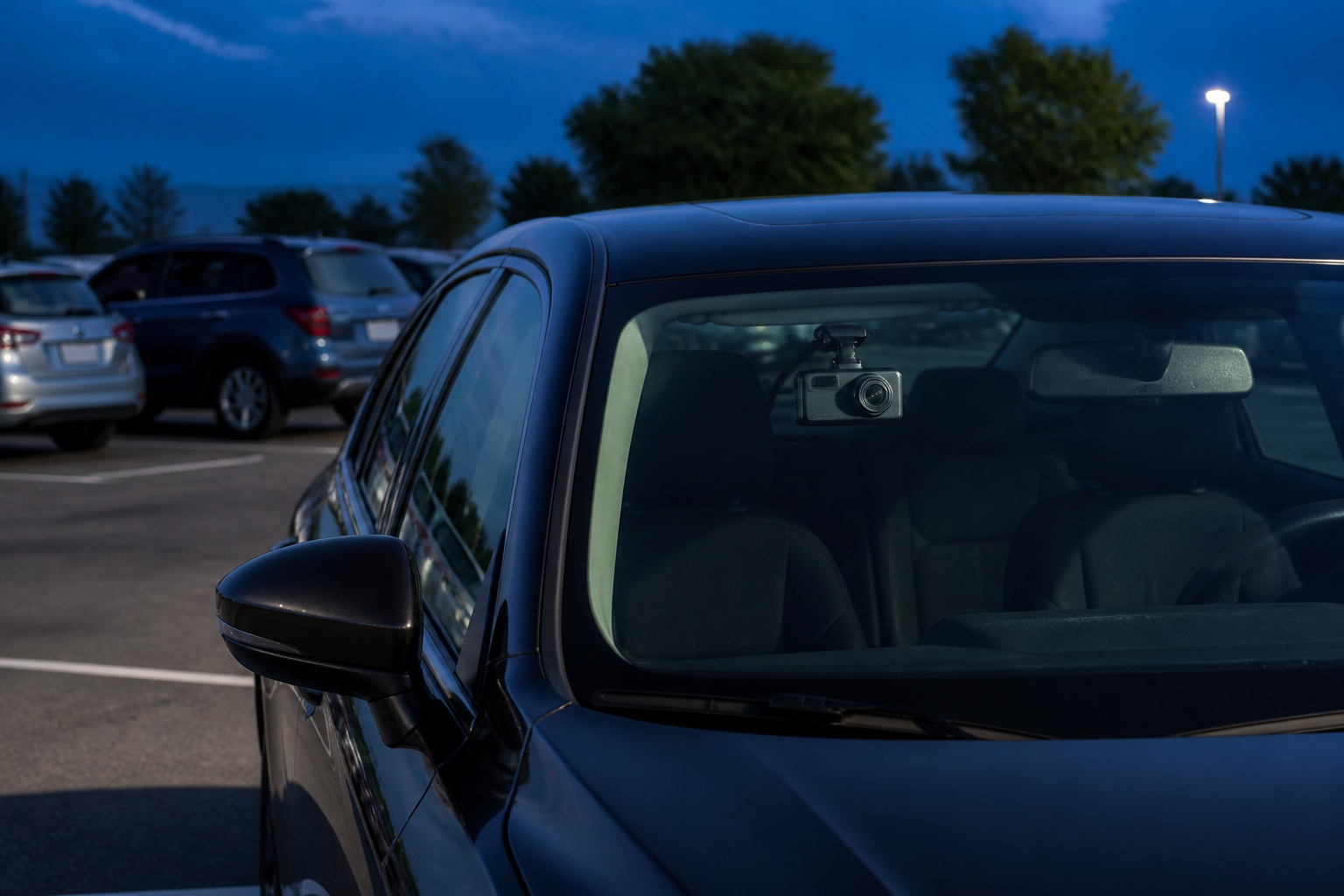 Dashcam im Parkmodus überwacht ein abgestelltes Auto auf dem Parkplatz