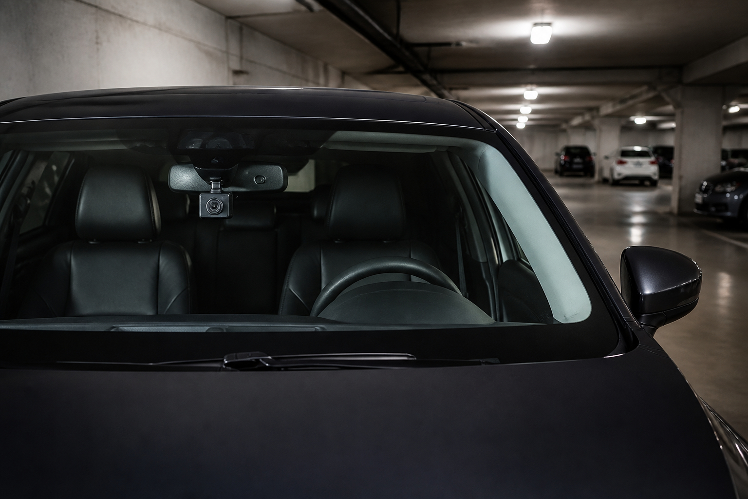 Unauffällig montierte Dashcam überwacht ein Fahrzeug in der Tiefgarage
