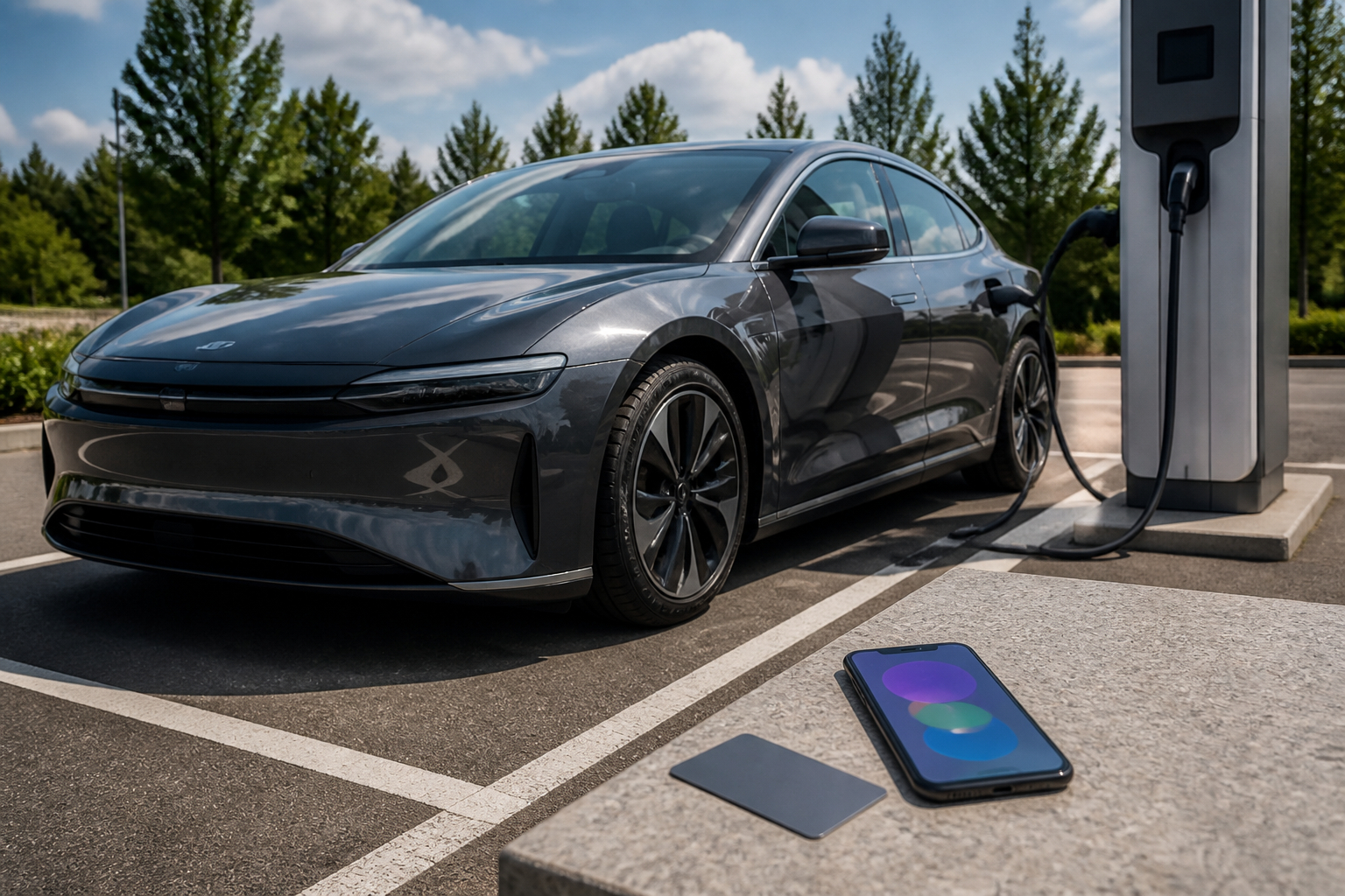 Elektroauto mit Ladekarte an öffentlicher Ladesäule