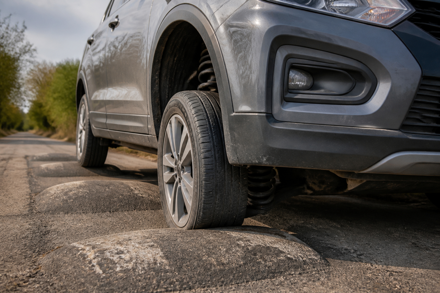 Auto fährt über Bodenwellen und das Fahrwerk federt ein