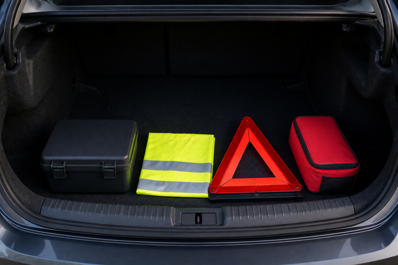 Auto-Notfallset mit Verbandskasten Warnweste und Warndreieck im Kofferraum