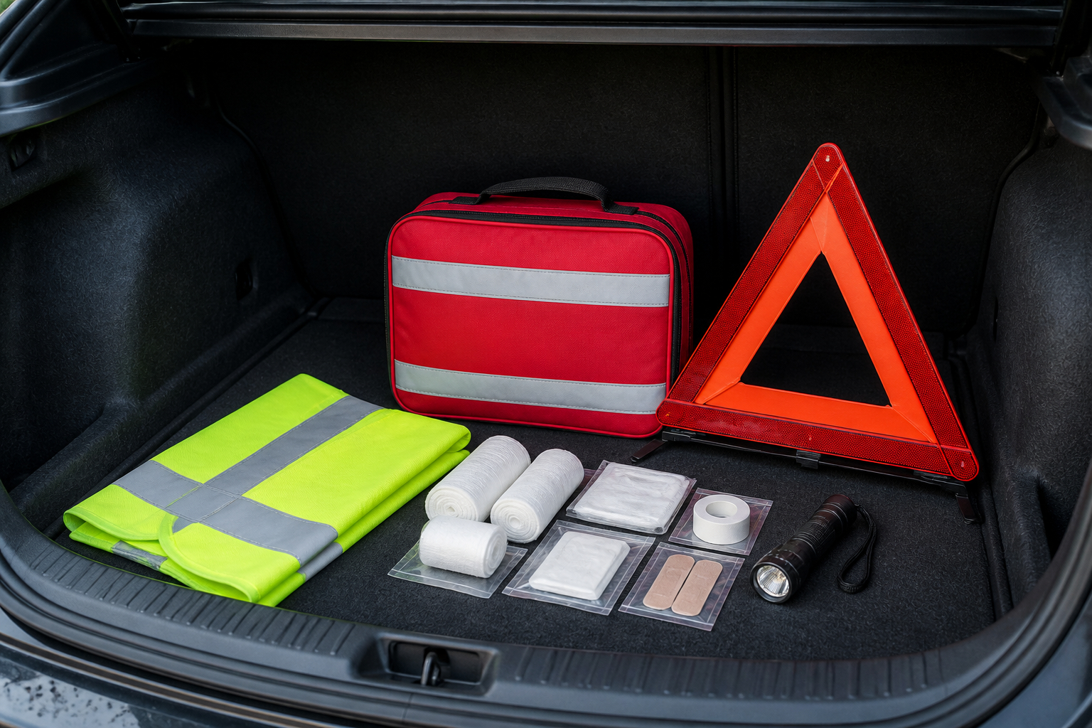 Kompaktes Auto-Notfallset mit Warnweste und Verbandskasten im Kofferraum