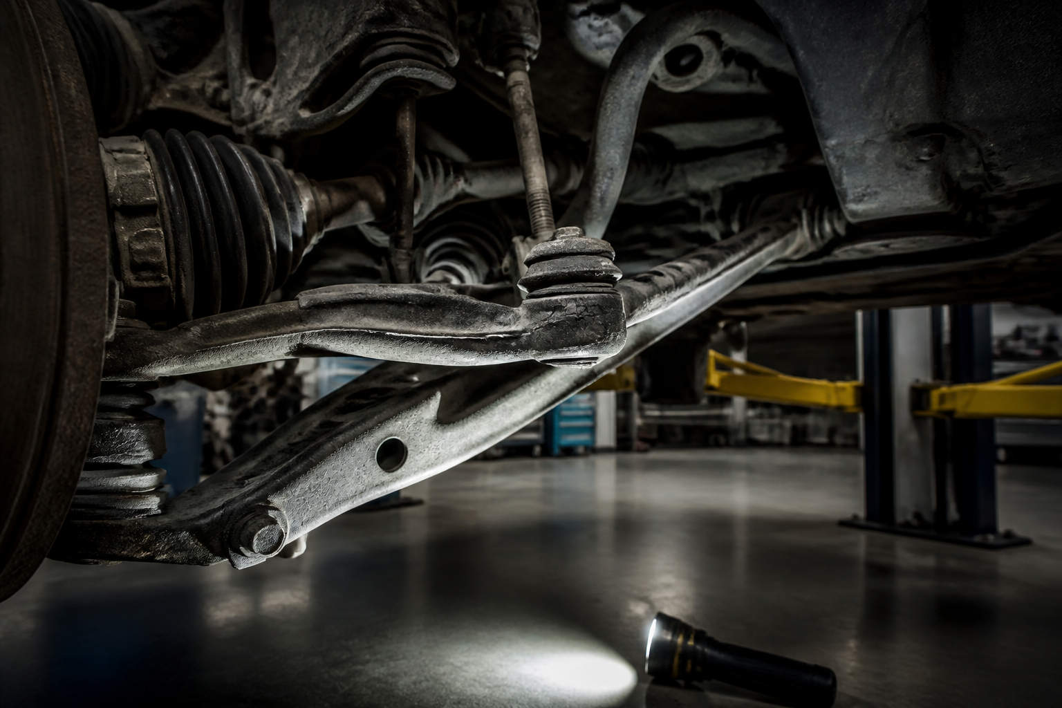 Mechaniker kontrolliert Querlenker und Fahrwerkslager am Auto