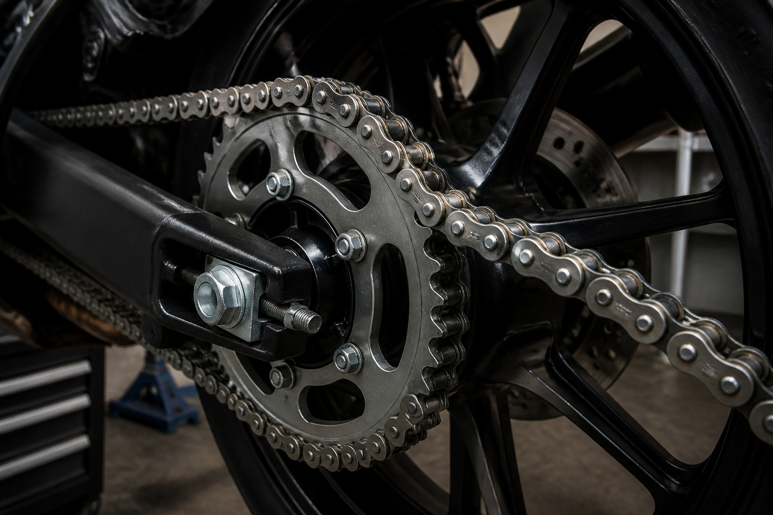 Frisch gereinigte Motorradkette nach der Kettenpflege