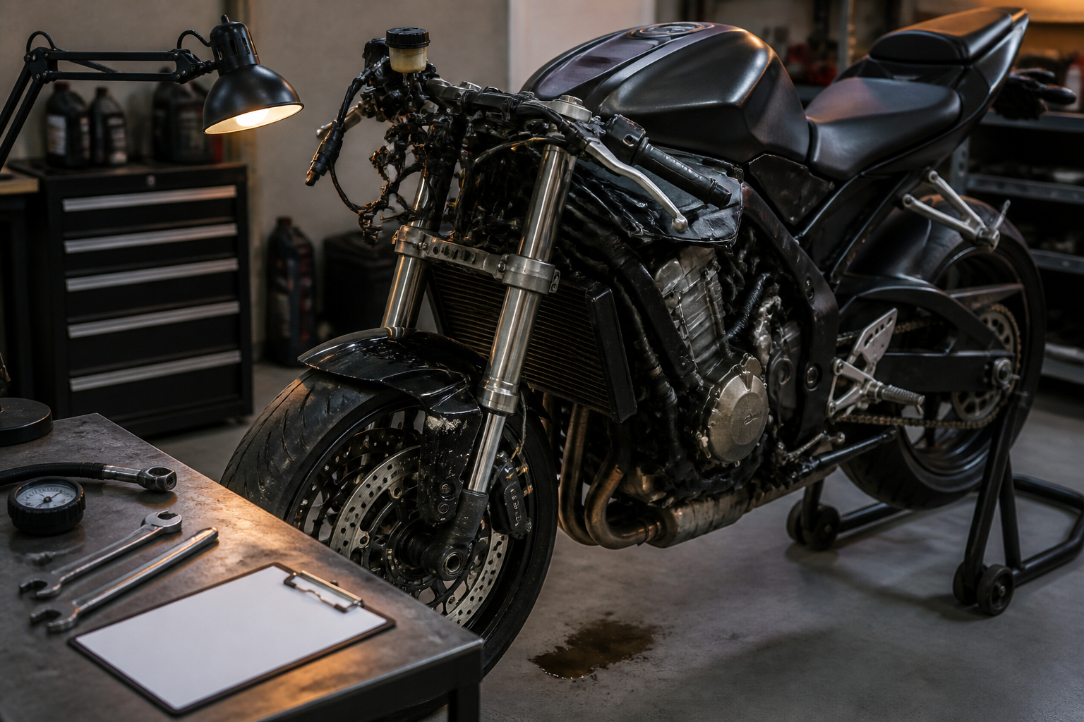 Motorrad nach Umfaller in der Werkstatt fachgerecht prüfen lassen