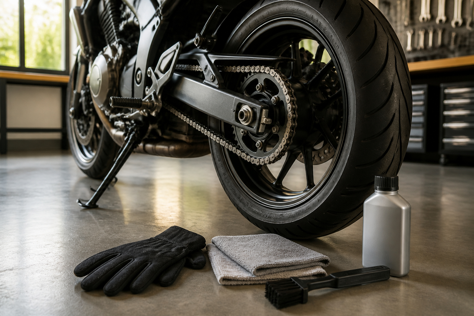 Motorrad für die professionelle Kettenreinigung vorbereiten