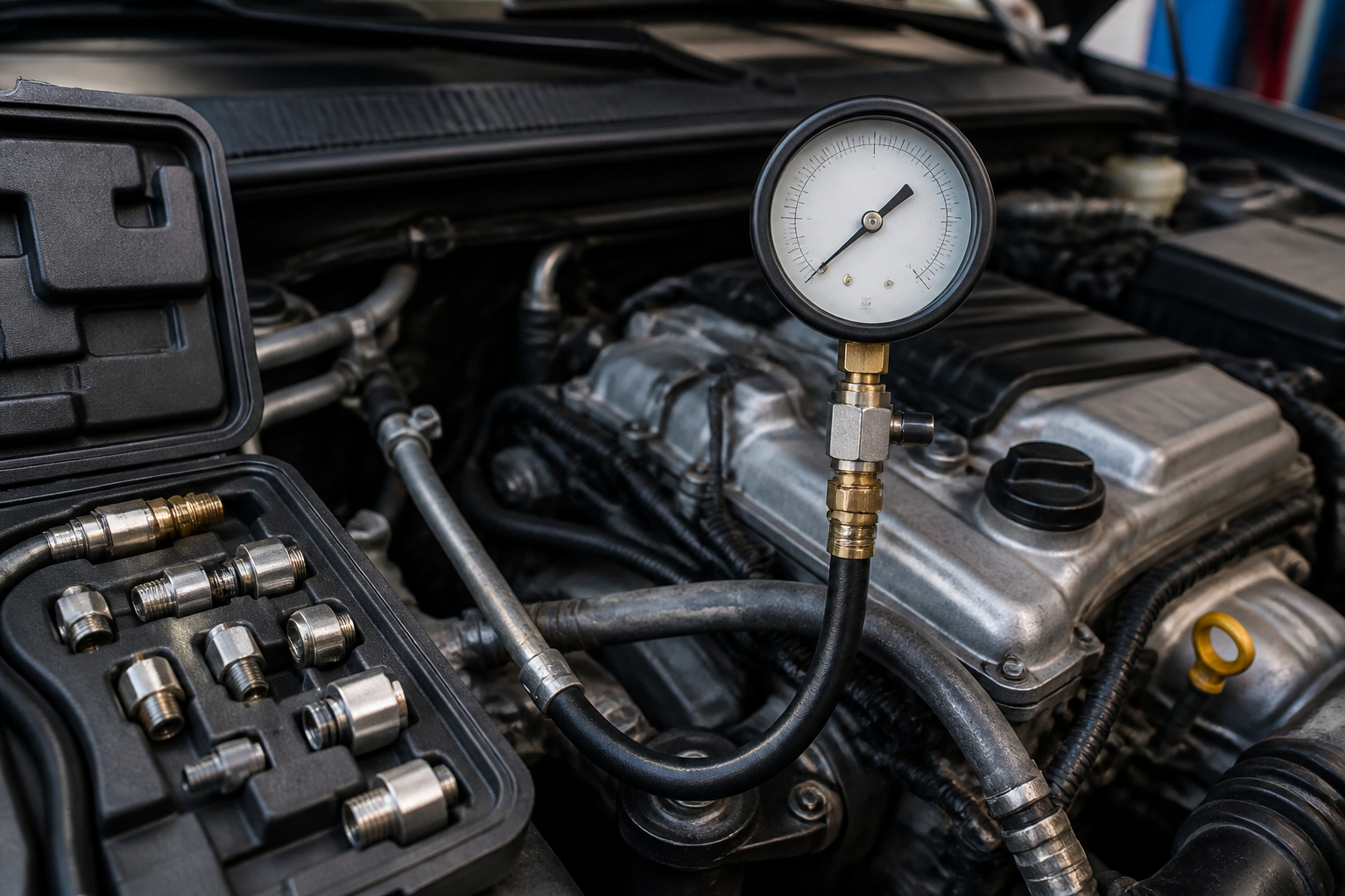 Mechaniker liest den Messwert eines Öldruckmanometers am Motor ab