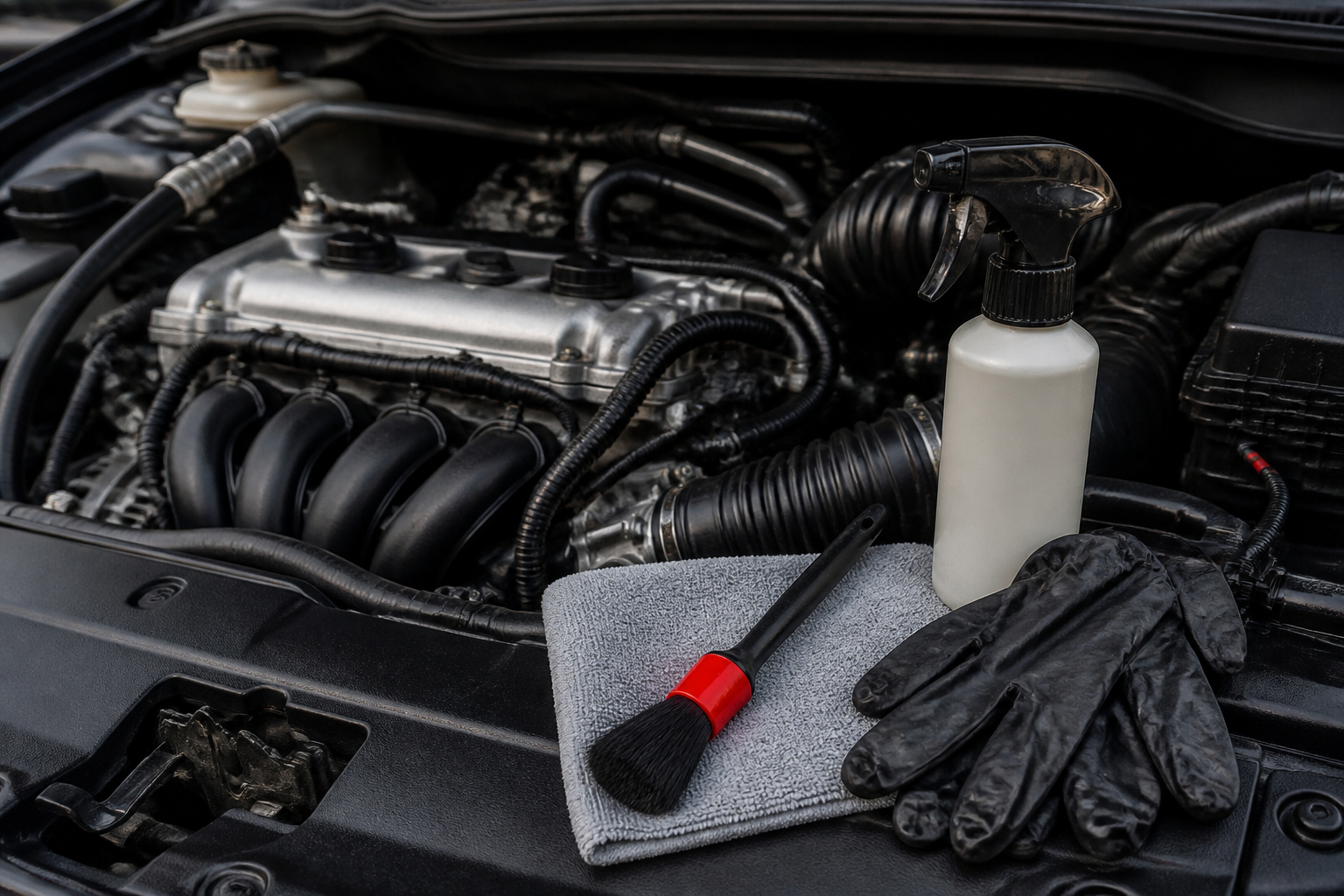 Motorraum reinigen mit Pinsel Sprühflasche Schutzhandschuhen