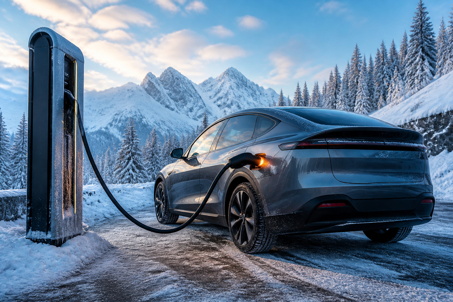 Elektroauto im Winter an einer Schnellladesäule